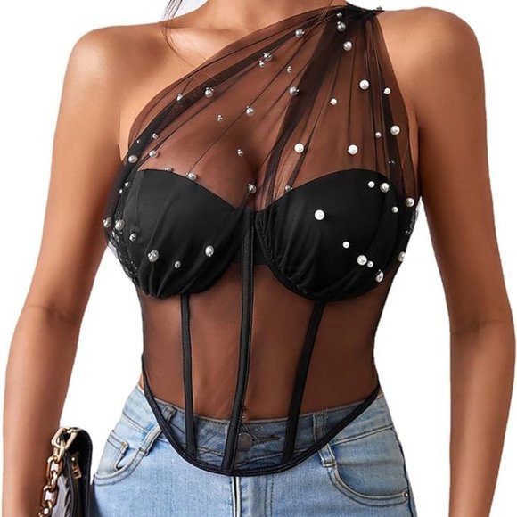 Sheer One Shoulder Bustier Top - Picture 3 of 5